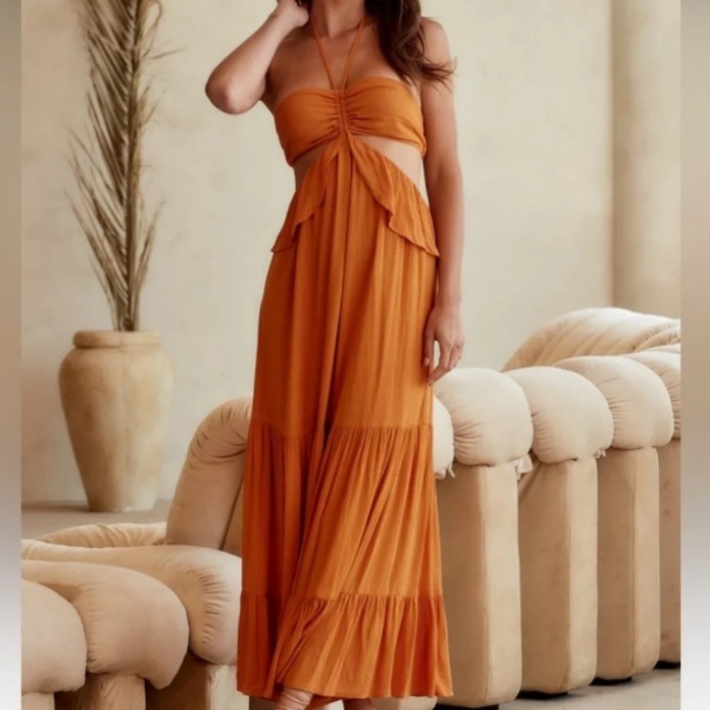 12th Tribe Orange Strapless Maxi Dress